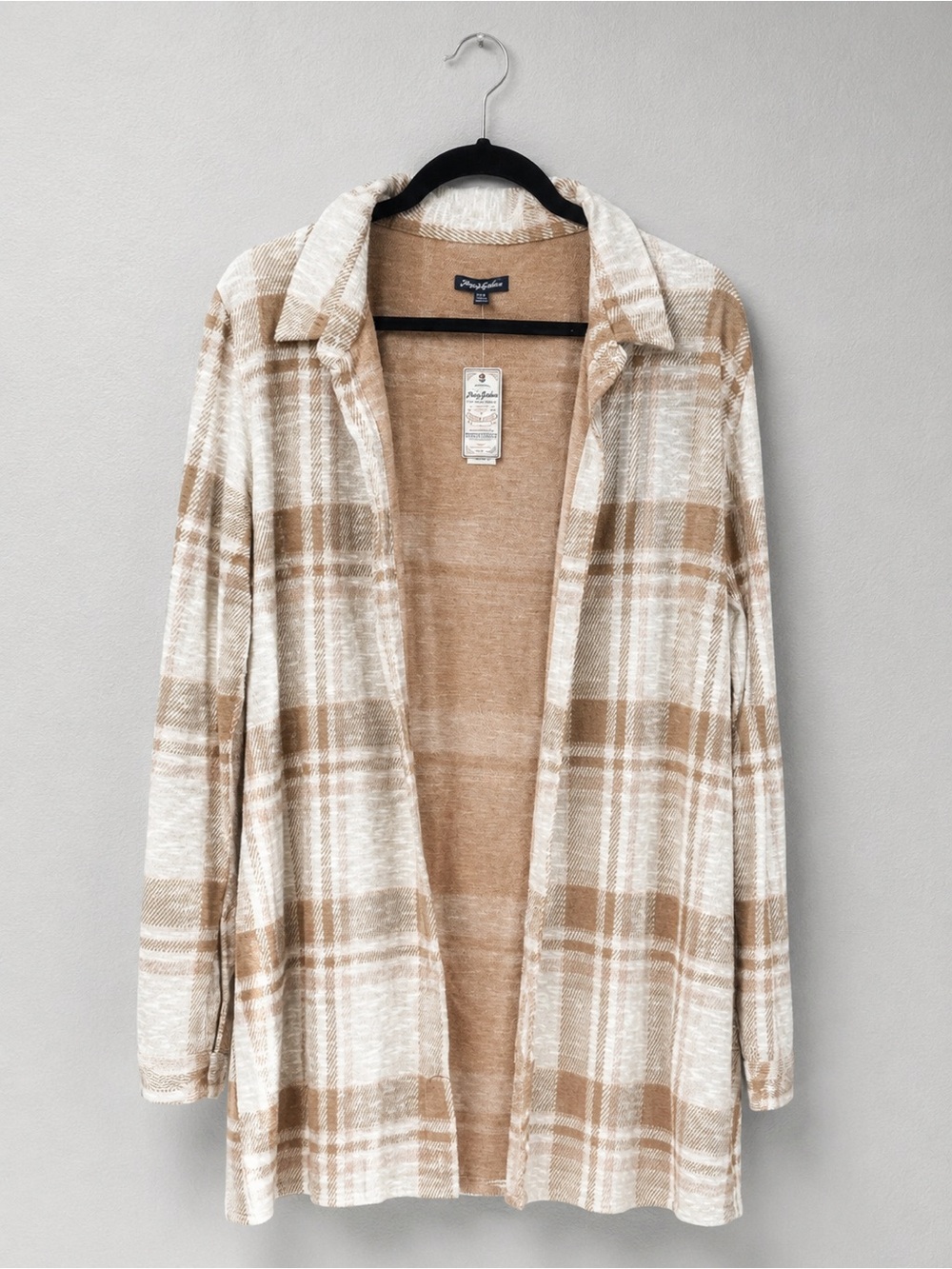 Plaid Open-Front Cardigan in Tan & Cream